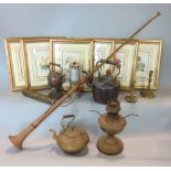 A box containing a collection of various antique metalwares to include copper kettle,