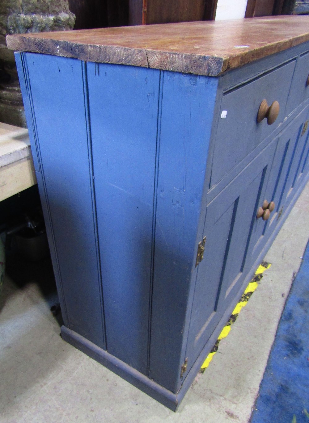 A rustic reclaimed pine kitchen dresser base, enclosed by four rectangular twin panelled doors, - Image 3 of 5