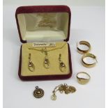 Collection of 9ct jewellery comprising a paste set pendant necklace with matching earrings, a signet