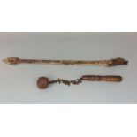 Interesting long carved bone blow pipe in the form of a serpent, together with an antique style mace