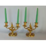 Pair of French gilt cast metal, twin branch candelabra, 17cm high (2)