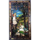 Fine quality leaded stained glass panel depicting three children, with a terrier, gathering spring