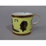 An unusual early 19th century Derby coffee can with black and gilt Egyptian style motifs on a yellow