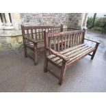 Two similar Lister stained teakwood three seat garden benches, with slatted seats and back, 160cm