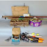 Five various fishing rods, beachmaster, free spool action reel, Shakespeare reel, floats, weights