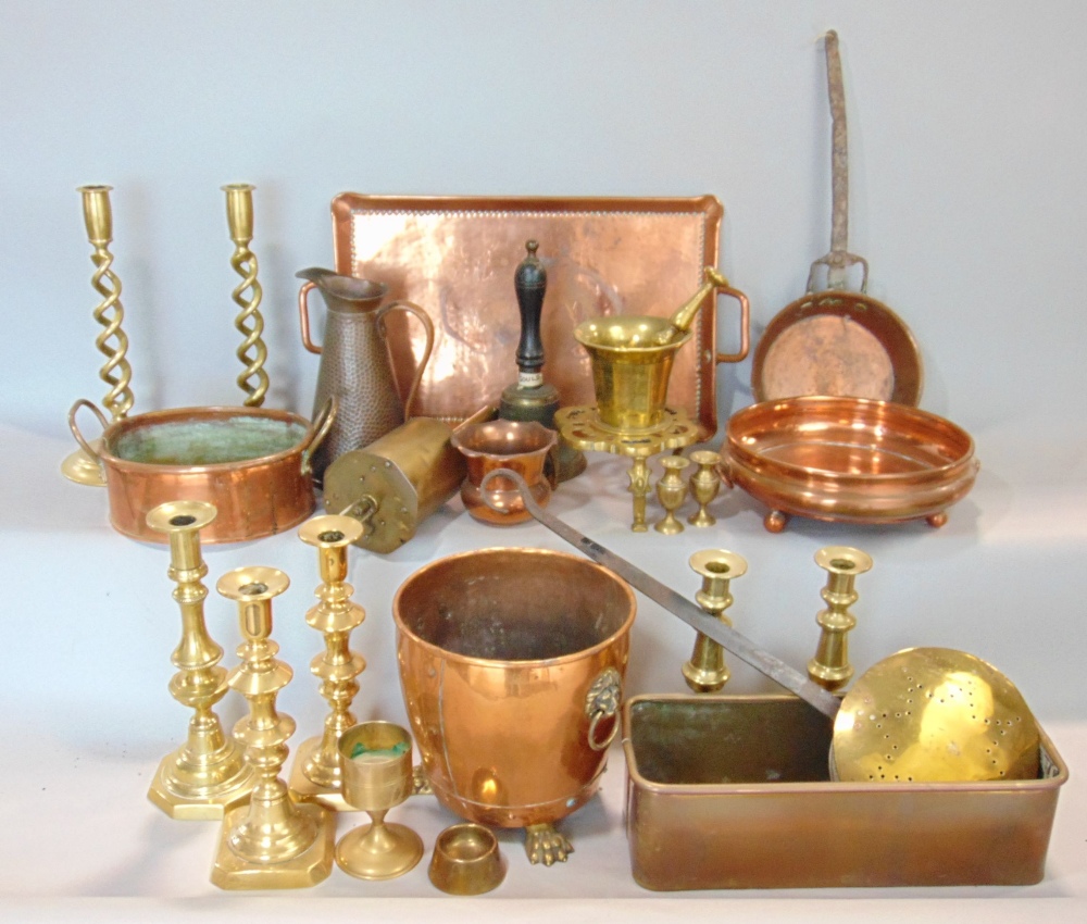 Comprehensive box of various metalwares to include pair of open barley twist candlesticks, a riveted