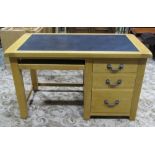 A good quality contemporary light oak kneehole desk, fitted with three long graduated drawers with