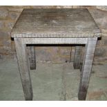 Three rustic oak and pine framed tables of square cut form, the tops 70cm x 65cm x 77cm high