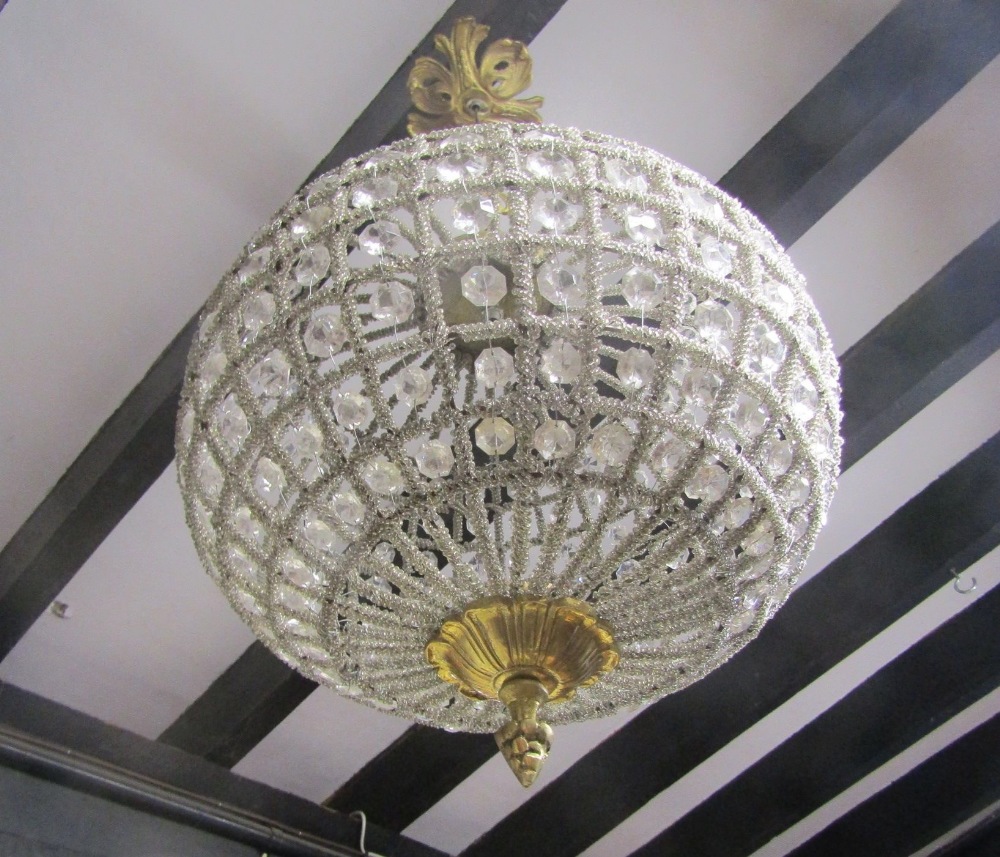 A Dutch style brass six branch hanging ceiling light/electrolier, with knopped and bulbous stem,