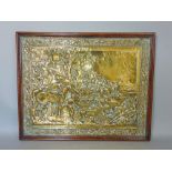 19th century embossed brass plaque depicting various characters in an exterior setting to include