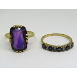 18ct sapphire and diamond half hoop ring and a further 18ct faceted amethyst dress ring, both size