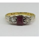 18ct ruby and diamond three stone ring, size G/H, 2g
