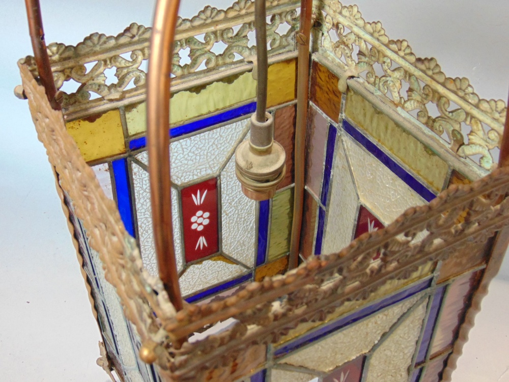 A Victorian brass framed hall lantern, with pierced borders and enclosing geometric leaded light - Image 3 of 4