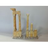 Sienna marble Grand Tour carvings of the Roman temples of Castor and Pollux and the temple of