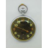 Vintage Jaeger Le Coultre military pocket watch, black dial, arabic numerals, subsidiary second