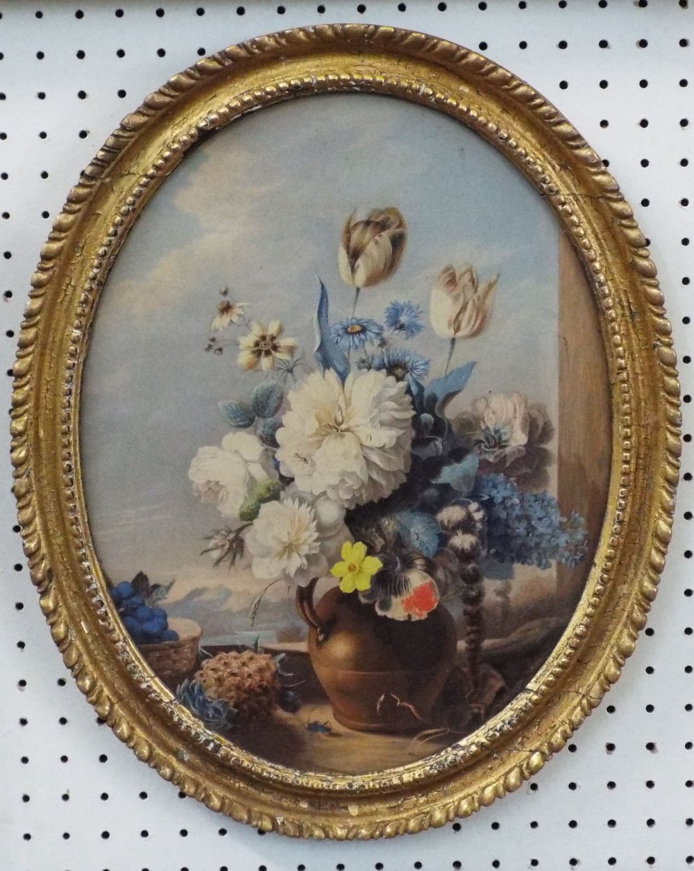 19th century engraving of a still life with flowers on a windowsill, 33cm oval max in 19th century