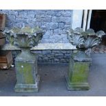 A pair of weathered composition stone garden urns, with acanthus leaf bowls and fluted socles raised