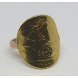 Yellow metal half sovereign ring dated 1911 (worn), size L, 4.8g