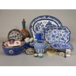 A collection of 19th century and later ceramics including a terracotta bottle, stopper and stand