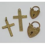 Group of 9ct jewellery with engraved decoration; two cross pendants and two heart padlock clasps,