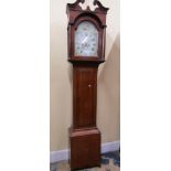 Early 19th century oak longcase clock, the hood with reeded columns and swan necked pediment