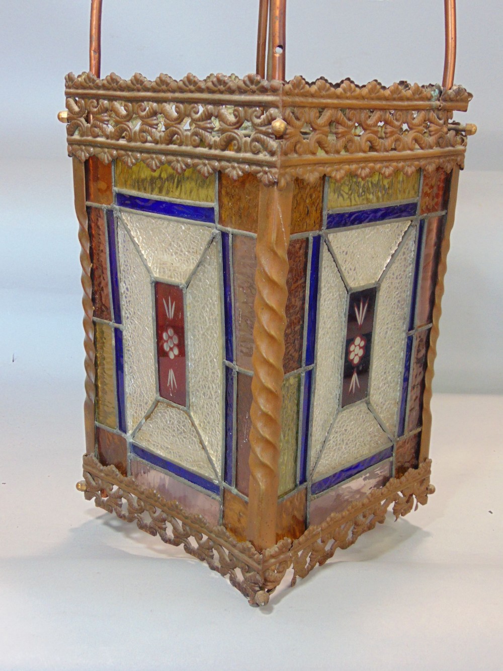 A Victorian brass framed hall lantern, with pierced borders and enclosing geometric leaded light - Image 2 of 4