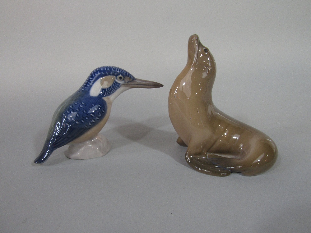 A Royal Copenhagen model of a kingfisher, number 3234 and a Royal Copenhagen model of a seal, number