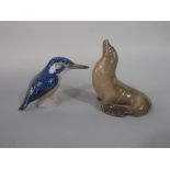 A Royal Copenhagen model of a kingfisher, number 3234 and a Royal Copenhagen model of a seal, number