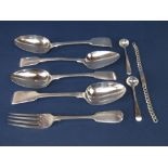 Four good antique silver fiddle pattern table spoons to include George III Exeter example by