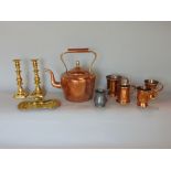 Set of three graduated copper mugs, together with a further copper tankard, copper kettle and