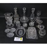 A collection of various glass wares to include champagnes, Sundae bowls, decanters, etc; together
