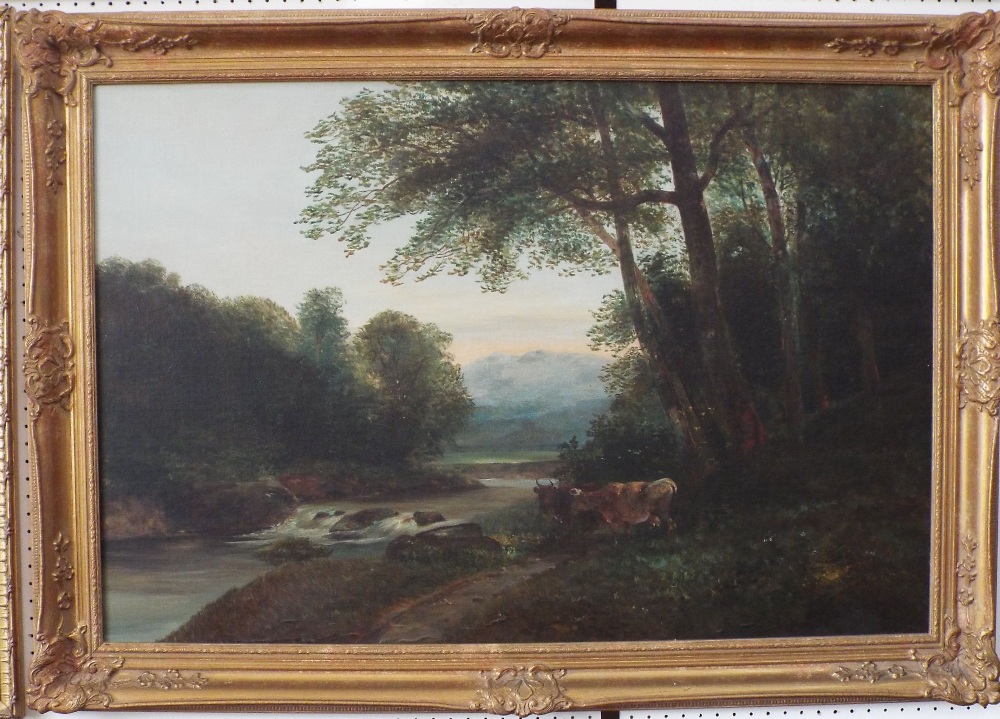 19th century British school - River landscape with cattle beneath trees, oil on canvas, unsigned, 60 - Image 2 of 2