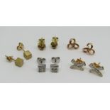 Five pairs of 9ct stud earrings to include a white gold diamond set pair of square form, further
