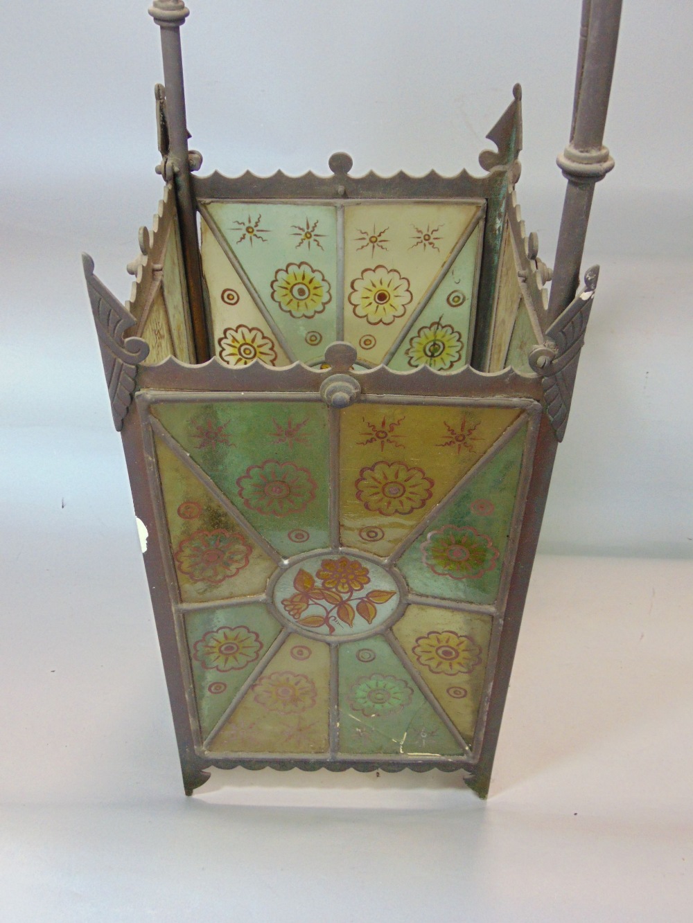 A Victorian brass framed hall lantern of square cut form with original painted leaded light panels - Image 3 of 4