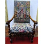 19th century walnut open armchair of Carolean style, scrolled arms, turned supports and rails,