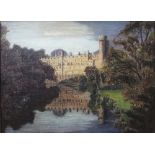 F Bailey (British 20th century) - Study of Warwick Castle from the river, oil on board, indistinctly