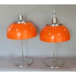 Pair of Italian mushroom table lamps by Harvey Guzzini with chrome bases and finials, 60 cm high (