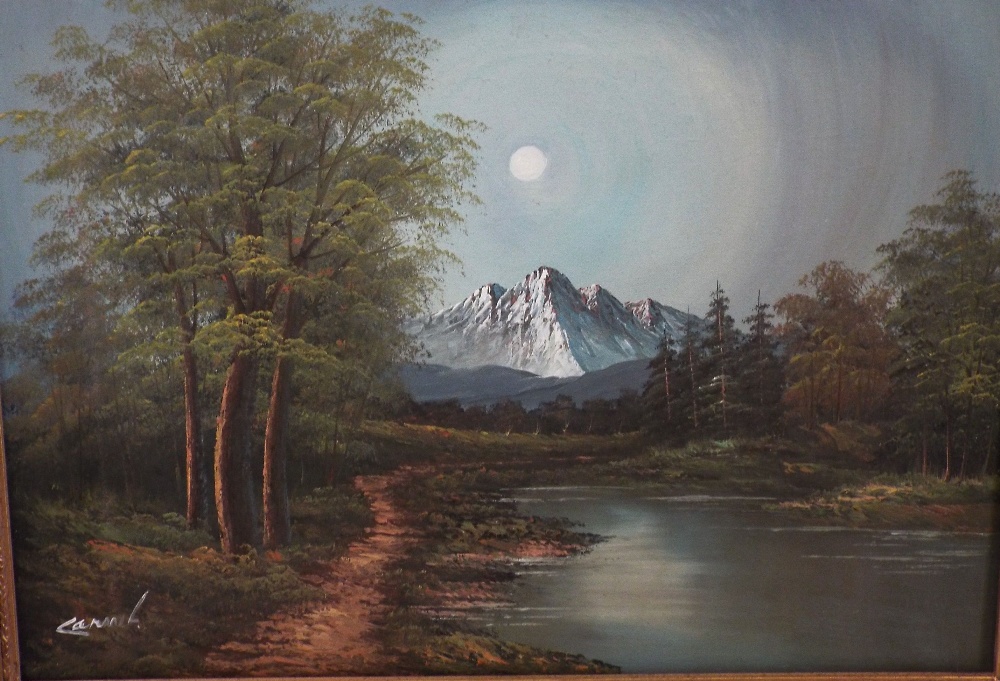 J Breen (20th century school) - Three mountainous wooden landscapes, oil paintings on canvas, all