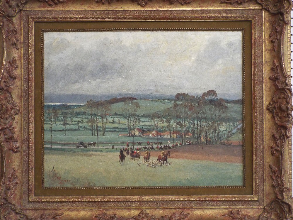 N Lovett (20th century British school) - Extensive landscape with the Berkeley Hunt, the River