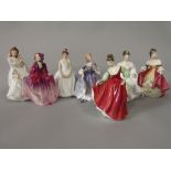 A Royal Doulton figure of Sweet Anne HN1496 together with six further Royal Doulton figures of