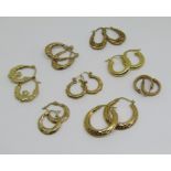 Eight pairs of 9ct Creole earrings, 9.1g total