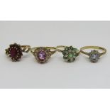 Four 9ct cluster dress rings to include a blue spinel and diamond example, a morganite and diamond