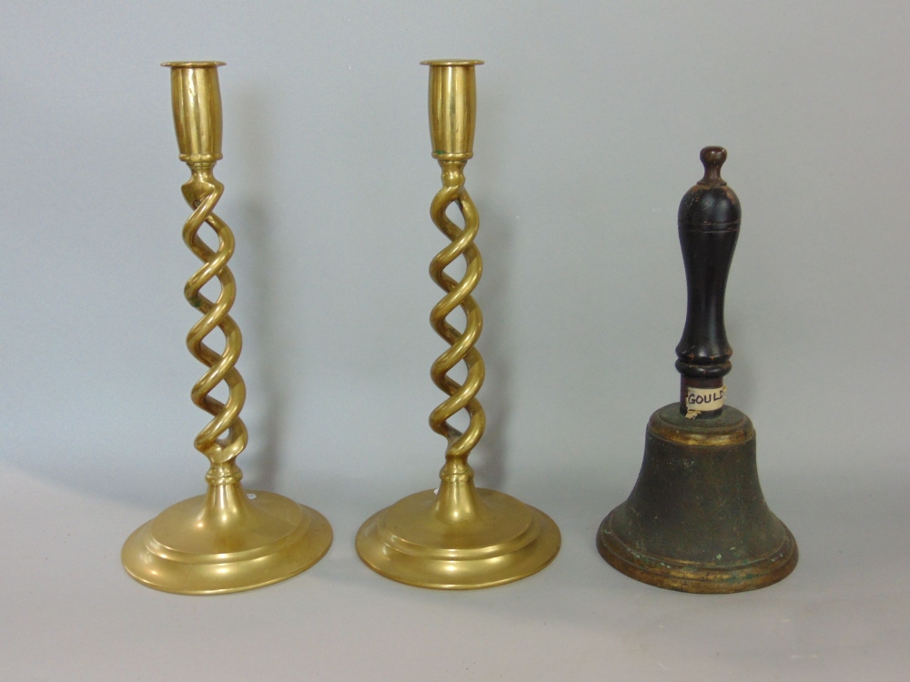 Comprehensive box of various metalwares to include pair of open barley twist candlesticks, a riveted - Image 2 of 3