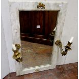 A rectangular wall mirror with marble frame with classical gilt brass sconces and further detail, 84