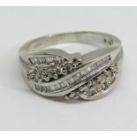 9ct white gold diamond cluster ring set with baguette and round cut stones, size P, 5.9g