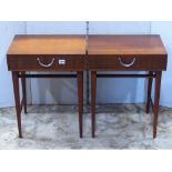 A pair of Meredew retro teak bedside lamp tables, each fitted with a frieze drawer, with drop handle