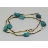 9ct bar link necklace interspersed with turquoise beads, 18.1g
