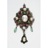 Austro-Hungarian Renaissance Revival style drop pendant set with baroque pearls, aquamarine