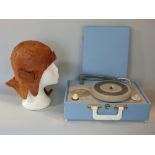 Vintage cased Kingsley portable record player in sky blue, together with a further vintage leather