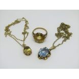 Group of 9ct gem set jewellery comprising a citrine pendant necklace, citrine dress ring, size J/